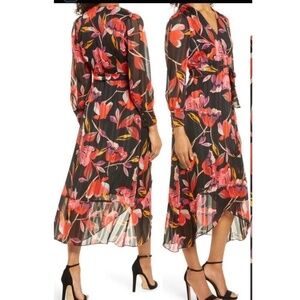 Adelyn Rae Wrap Dress High Low Chiffon Long Sleeve Black Red Print Sheer Sleeve